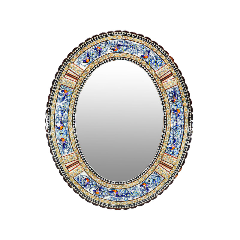آینه خاتم کاری مدل الیپس طرح گل و مرغ برجسته کد 56p46-2f4Bl