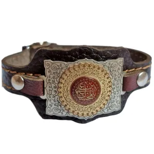 دستبند مردانه مدل چرم و عقیق خطی