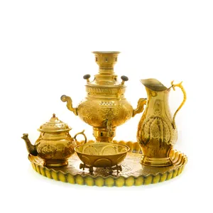سرویس سماور ذغالی 5 پارچه برنجی مدل عدسی ترک دار کد 4587