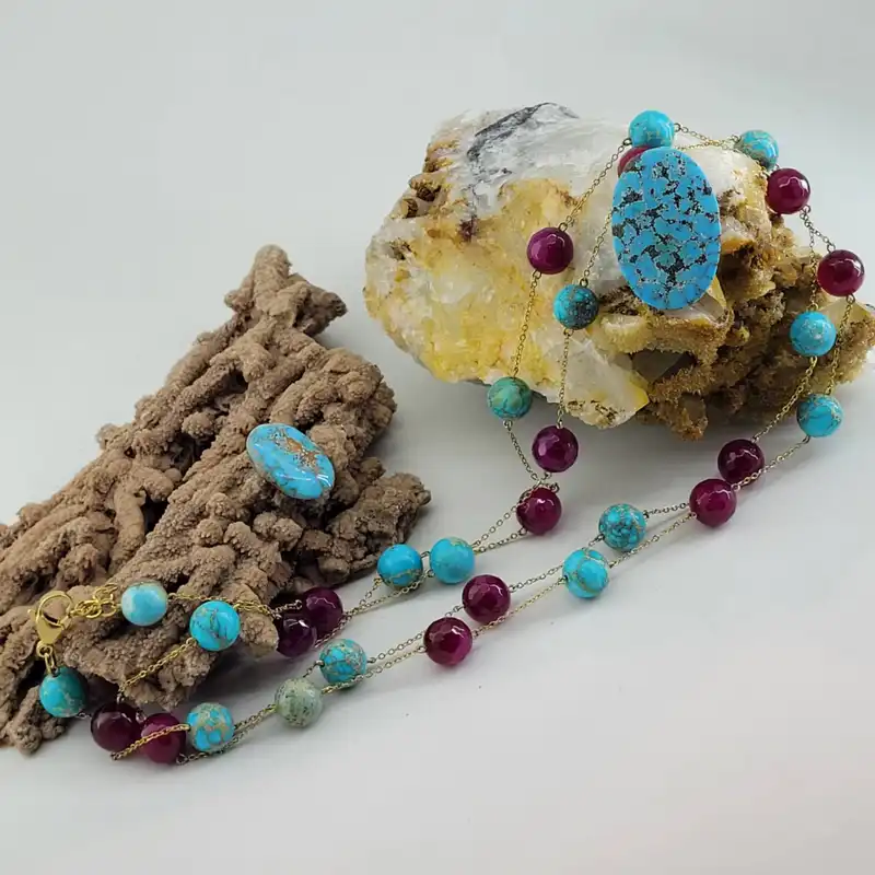 نیم ست زنانه مدل سنگ فیروزه آفریقایی و عقیق یاقوتی کد 1809