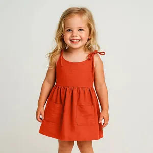 پیراهن دخترانه مدل بندی جیب دار آجری