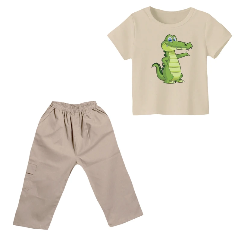 ست تی شرت و شلوارک پسرانه مدل تمساح کد ۲ رنگ کرم