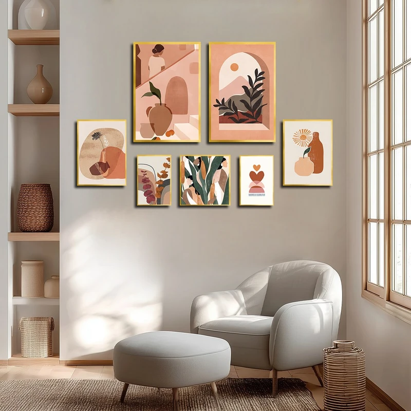 تابلو بکلیت طرح نقاشی مینیمال مدل T-3872 فریم طلایی مجموعه 7 عددی