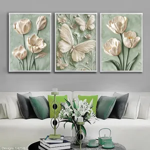 تابلو طرح دکوراتیو مدرن مدل گل و پروانه کد 1475B فریم بژ مجموعه سه عددی