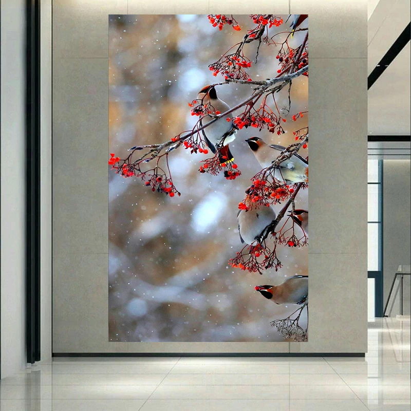 پوستر پارچه ای طرح چرم مخمل مدل پرندگان زیبا بر شاخه ی درختان کد AR50035