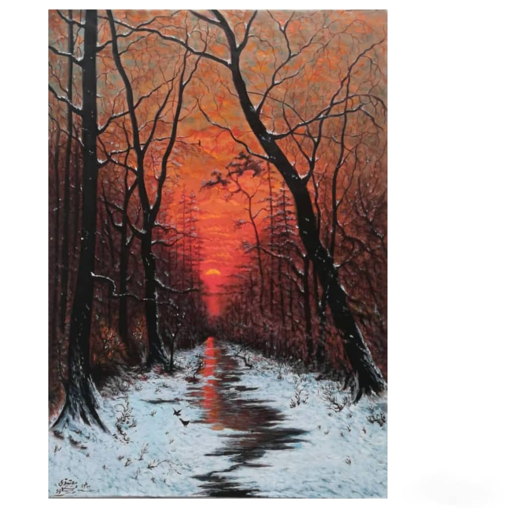  تابلو نقاشی رنگ روغن طرح غروب زمستان