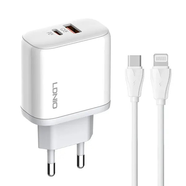 شارژر دیواری 45 وات 2 پورت الدینیو مدل A2526C به همراه کابل تبدیل USB-C به لایتنینگ