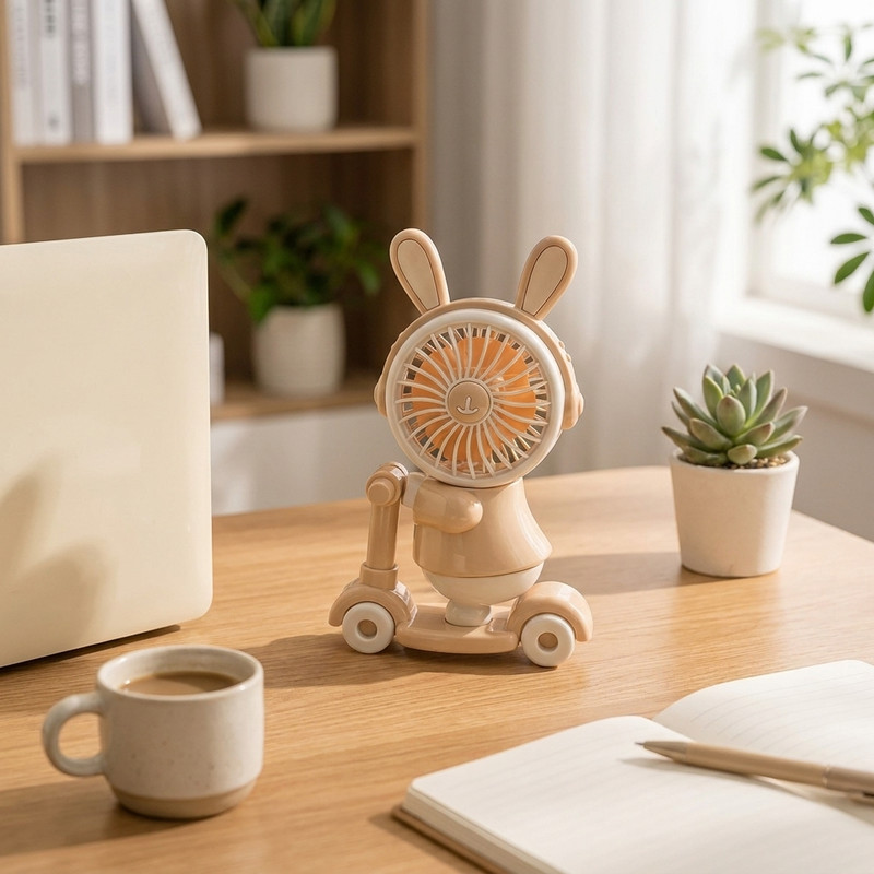 پنکه‌ رومیزی شارژی مدل خرگوش اسکوتری با مداد تراش چراغ دار کد Bunny Ride USB