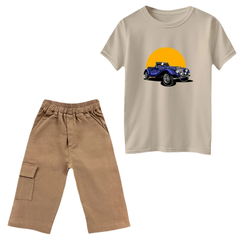 ست تی‌شرت و شلوارک پسرانه مدل ماشین ابی