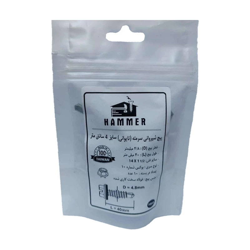 پیچ سرمته هامر مدل شیروانی واشردار کد 40mm بسته 10 عددی