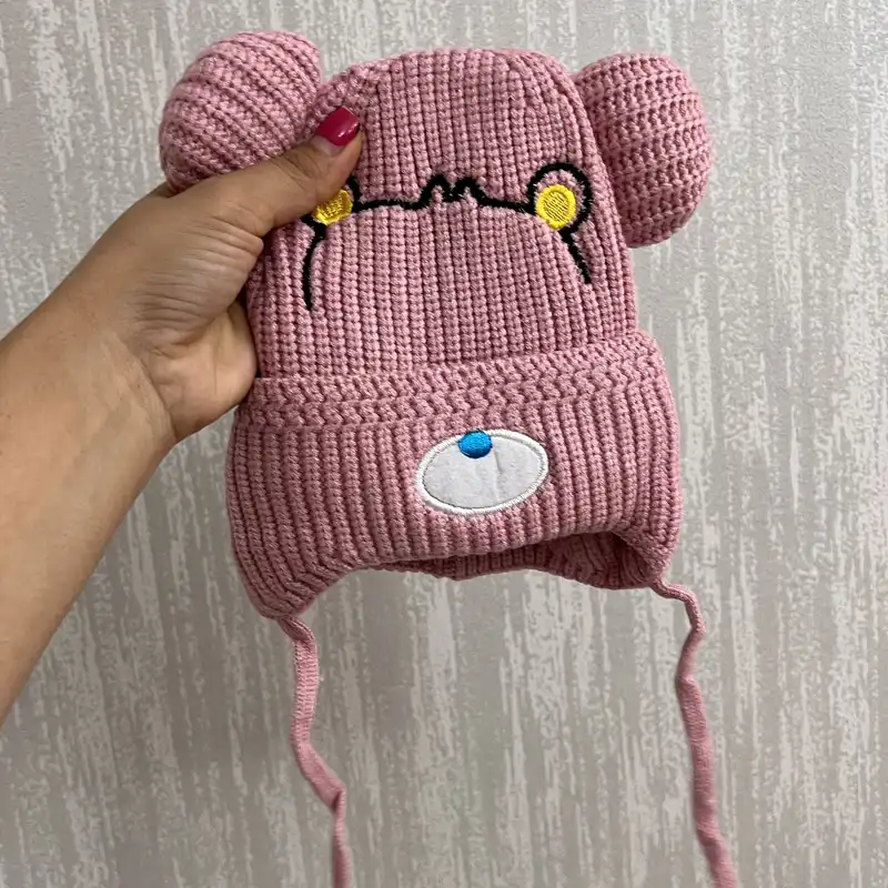 کلاه بافتنی بچگانه مدل تدی بنددار فانتزی کد P IN LI T