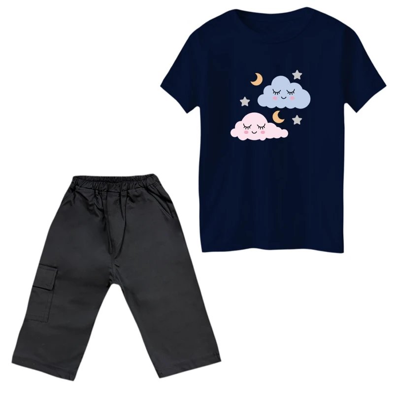 ست تی‌شرت و شلوارک دخترانه مدل ابر و ستاره