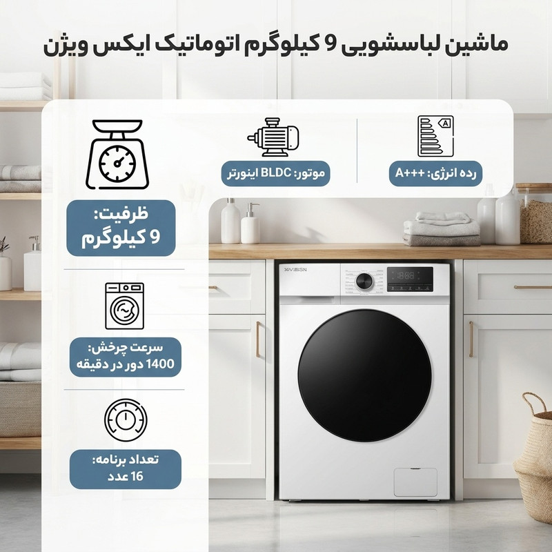 ماشین لباسشویی 9 کیلوگرم اتوماتیک ایکس ویژن مدل TF94-AWBL/ASBL