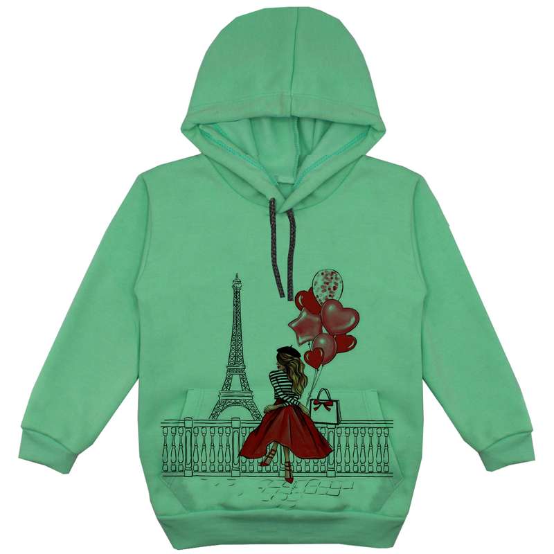 هودی دخترانه مدل دختر و ایفل F58 رنگ سبز
