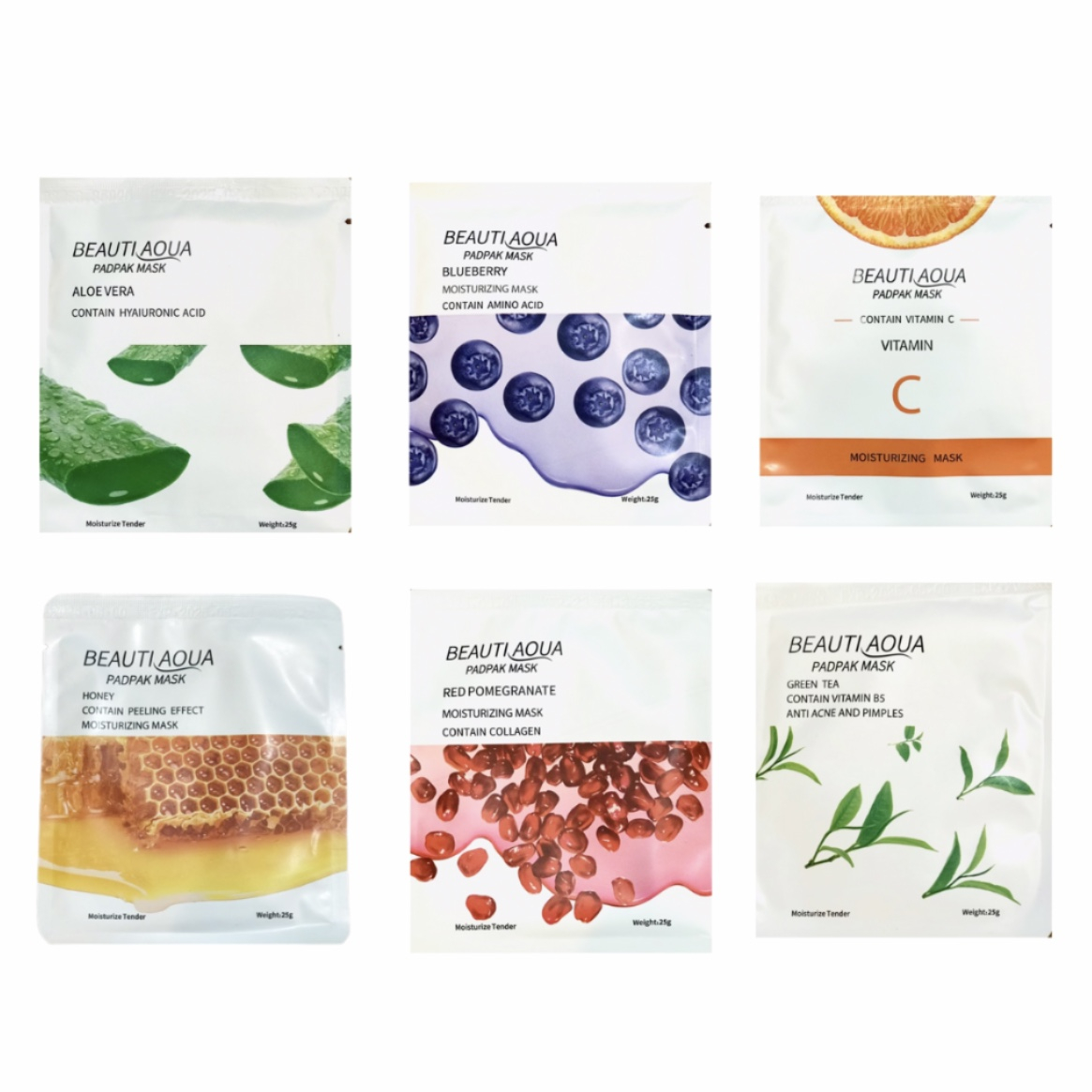 ماسک صورت بیوتی آکوا مدل آبرسان وزن 25 گرم بسته 6 عددی