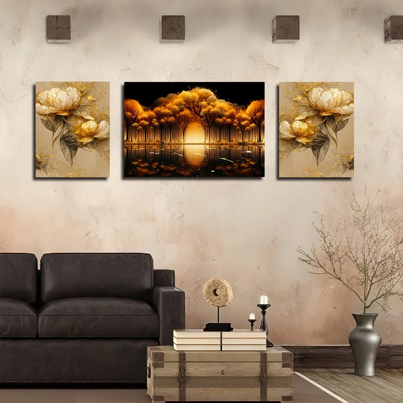 تابلو شاسی بکلیت طرح نقاشی رنگ روغن گل و درخت مدل SH-3121 مجموعه 3 عددی