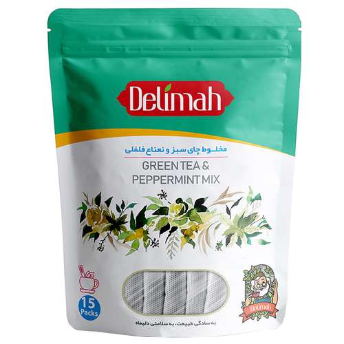 دمنوش گیاهی چای سبز و نعناع فلفلی دلیماه بسته 15 عددی