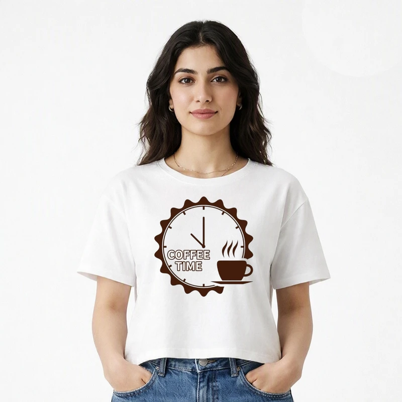 کراپ تی شرت آستین کوتاه زنانه طرح فنجان قهوه کد v10