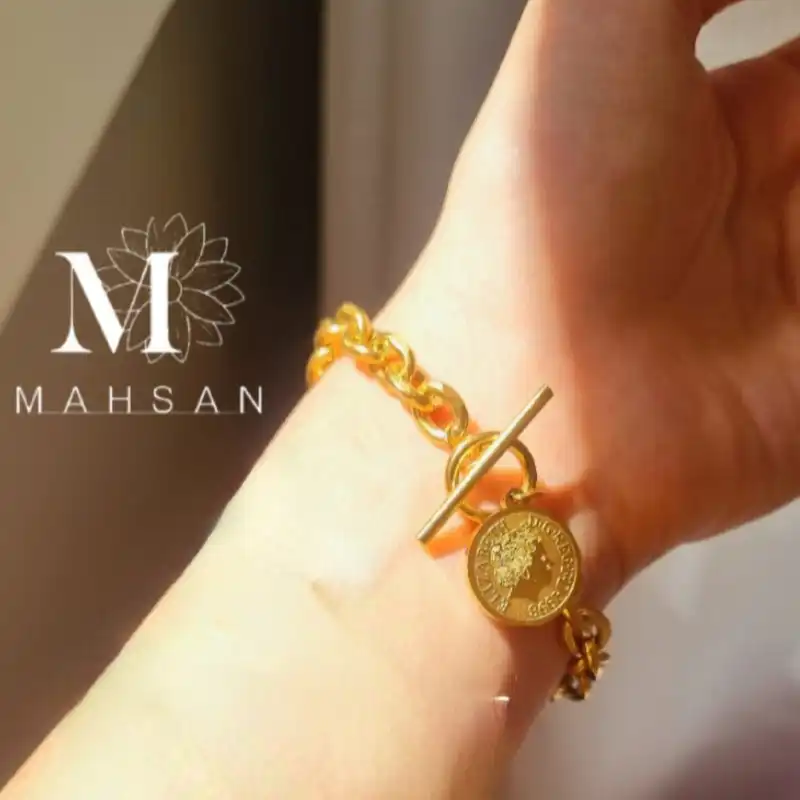 دستبند زنانه مدل قفل تی و سکه تمام استیل