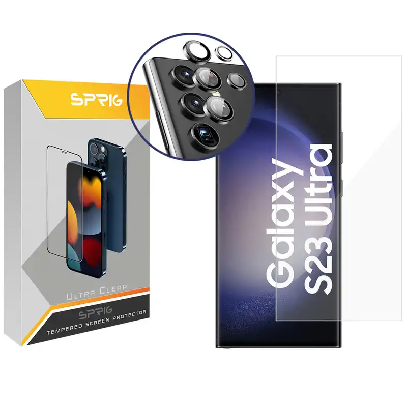 محافظ لنز دوربین رینگی اسپریگ مدل Ring-UV مناسب برای گوشی موبایل سامسونگ Galaxy S23 Ultra به همراه محافظ صفحه نمایش
