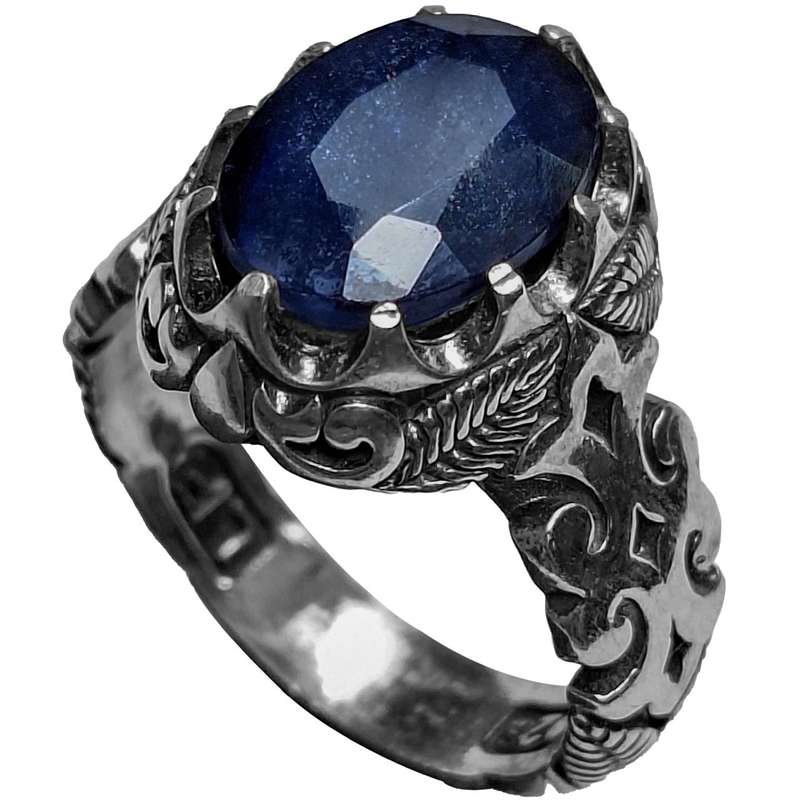 انگشتر نقره مردانه مدل یاقوت کبود آفریقایی رکاب برگ‌دار