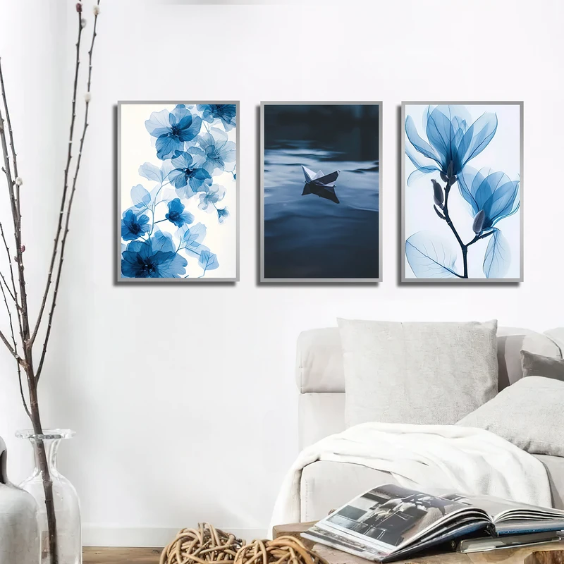 تابلو بکلیت طرح طبیعت دریا و گل کاغذی مدل SI-3804 فریم نقره ای مجموعه 3 عددی
