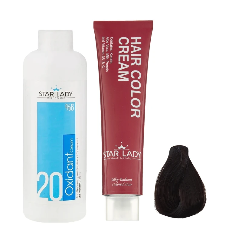 رنگ مو استارلیدی شماره 3.3 حجم 120 میلی لیتر رنگ قهوه ای زیتونی تیره به همراه اکسیدان استارلیدی مدل 20 شش درصدی حجم 180 میلی لیتر