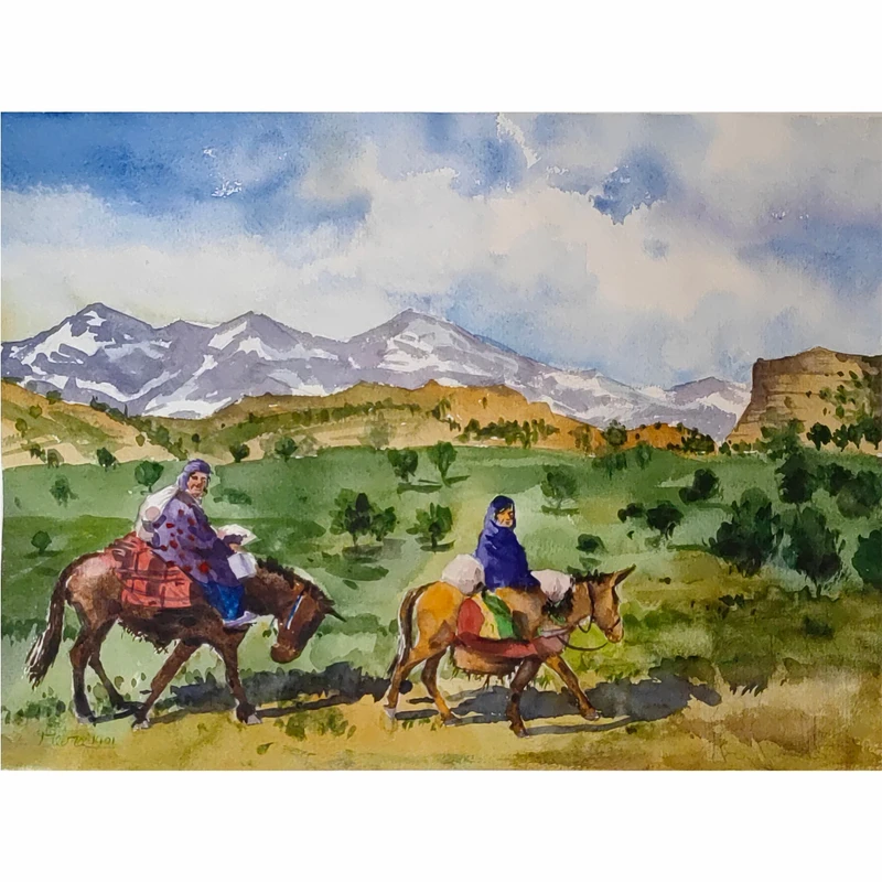 نقاشی آبرنگ طرح طبیعت عشایر کد 1029