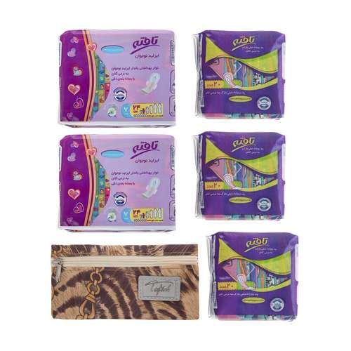 نوار بهداشتی بالدار تافته مدل ایرلید دو بسته 7 عددی به همراه پد روزانه مدل Ultra Thin سه بسته 20 عددی و کیف نوار بهداشتی