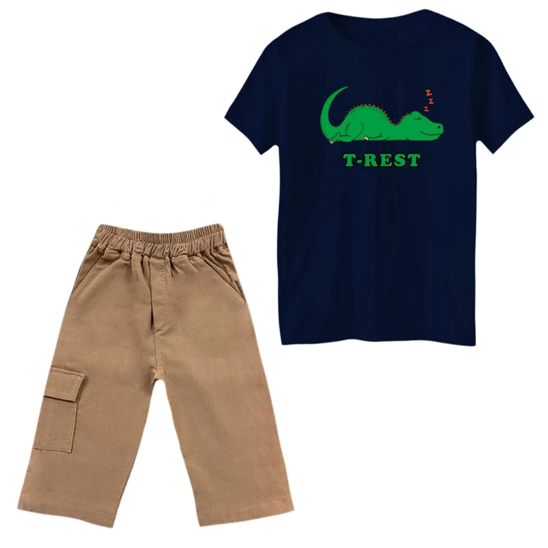 ست تی‌شرت و شلوارک پسرانه مدل دایناسور و استراحت