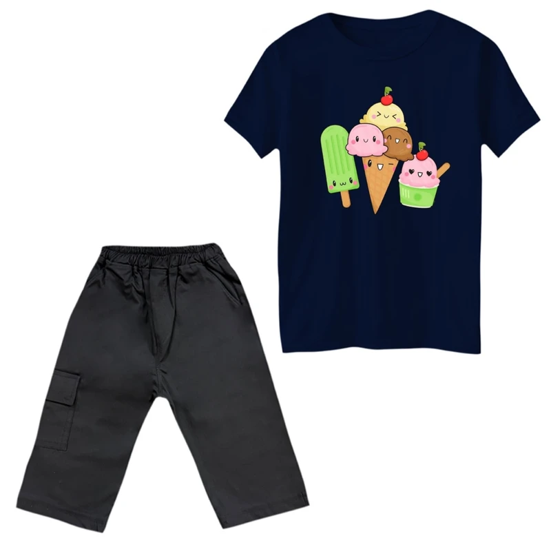 ست تی‌شرت آستین کوتاه و شلوارک دخترانه مدل بستنی