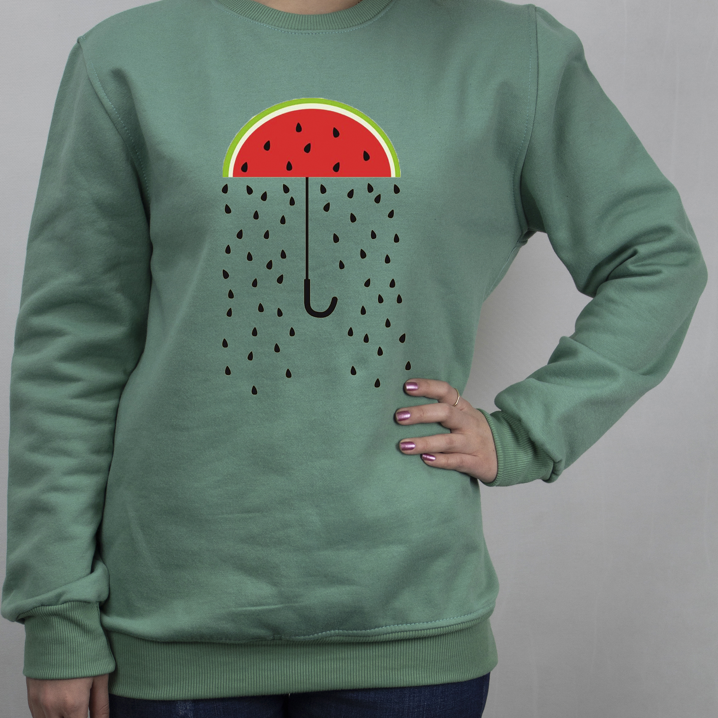 سویشرت زنانه مدل داخل کرکی یلدایی طرح چتر هندوانه رنگ سبز