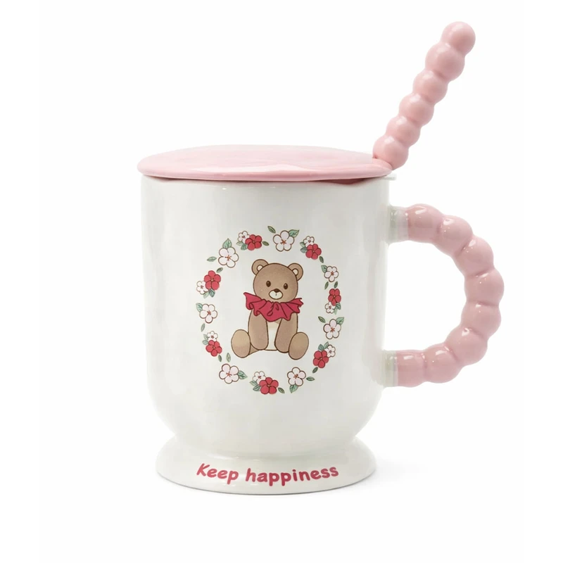 ماگ مدل خرس گلدار کد KP-150 به همراه قاشق و در