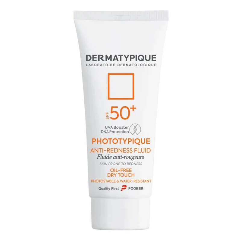 فلوئید ضد آفتاب بی‌رنگ صورت درماتیپیک SPF50 مدل ANTI-REDNESS FLUID محافظ در برابر UVA,UVB مناسب برای پوست قرمز و حساس حجم 40 میلی لیتر