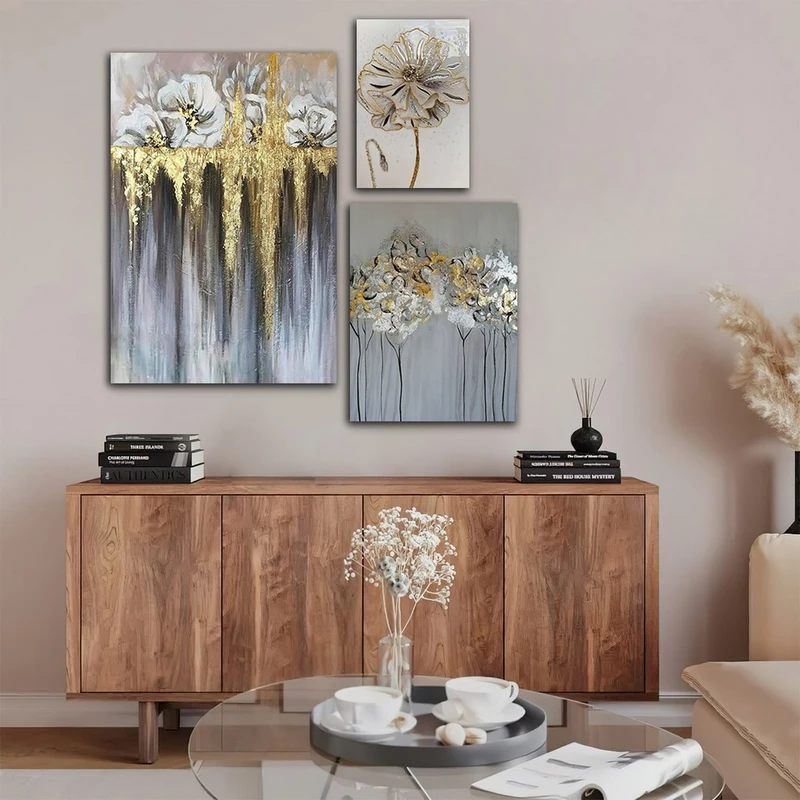 تابلو شاسی بکلیت طرح دکوراتیو ورق طلا طبیعت و گل مدل SH-797 مجموعه 3 عددی