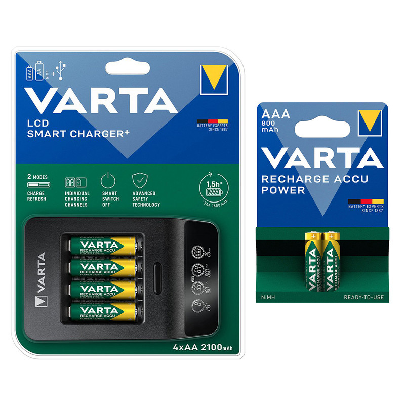 شارژر باتری وارتا مدل LCD SMART CHARGER به همراه دو عدد باتری نیم قلمی