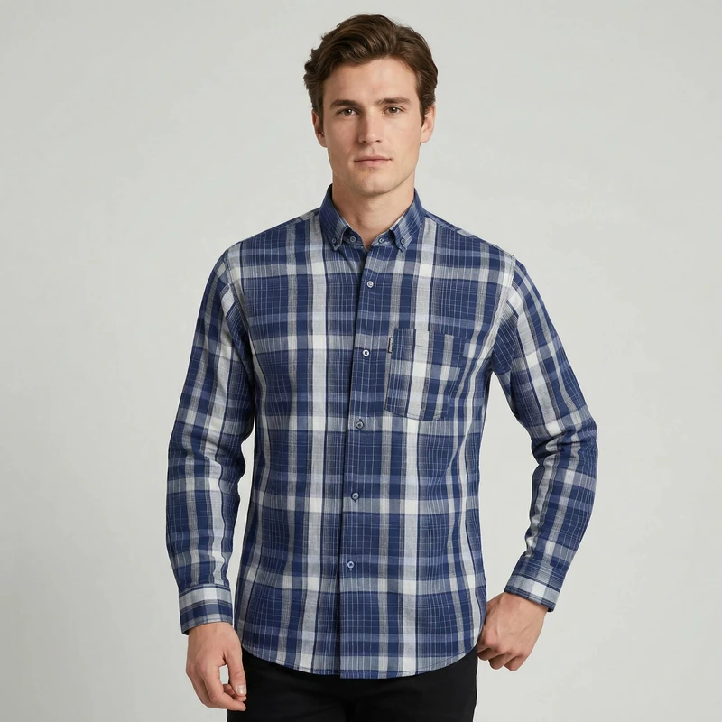 پیراهن آستین بلند یقه برگردان مردانه مدل چهارخانه کش جیبدار کلاسیک 4