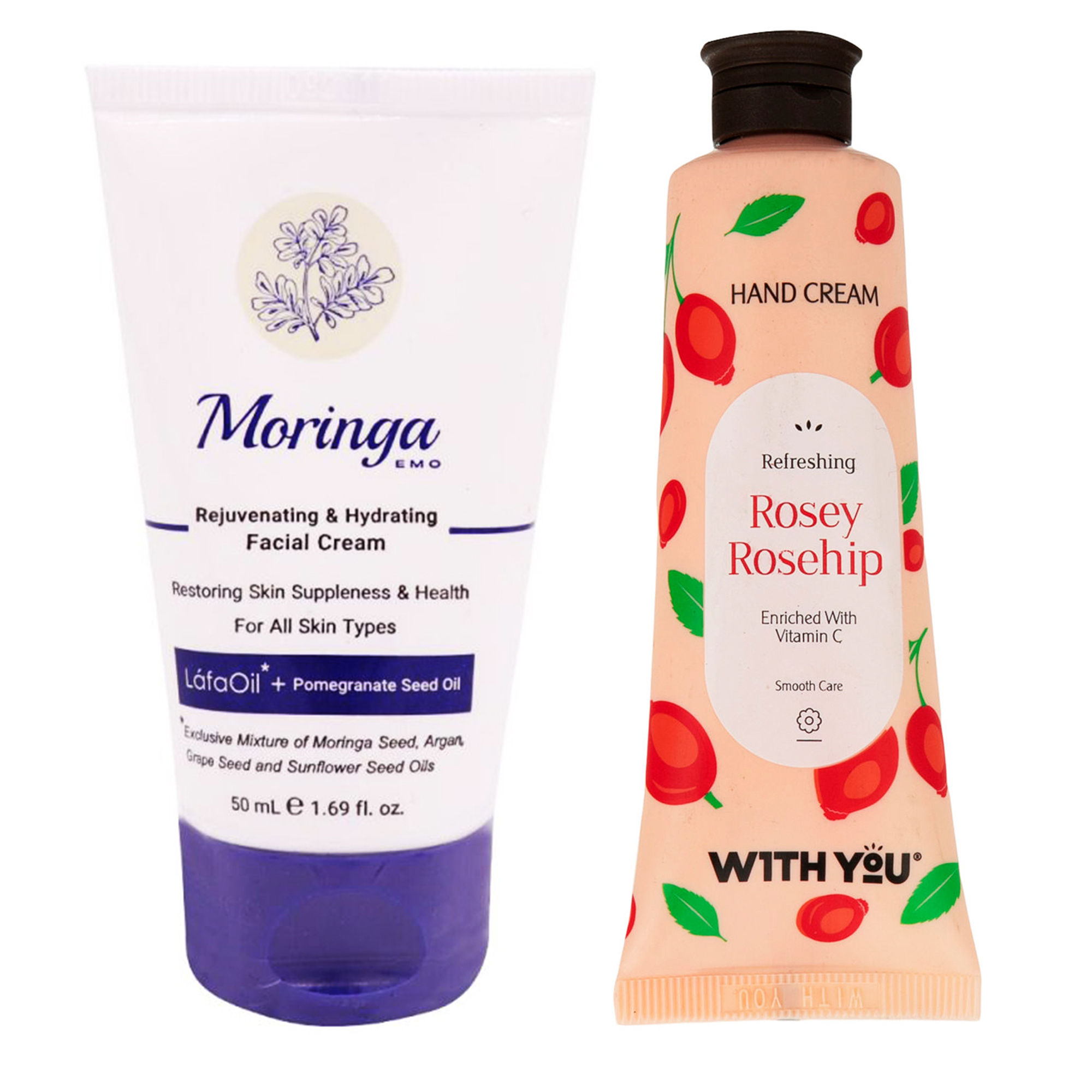 کرم آبرسان مورینگا امو مدل Rejuvenating حجم 50 میلی لیتر به همراه کرم مرطوب کننده ویت یو مدل Rosey Rosehip حجم 50 میلی لیتر