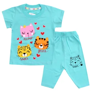 ست تی شرت و شلوارک دخترانه اوکی کیدز طرح میوو رنگ فیروزه ای