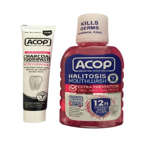 	 خمیر دندان آکوپ مدل ذغالی حجم 90 میلی لیتر به همراه دهان شویه آکوپ مدل هالیتوس حجم 300 میلی لیتر