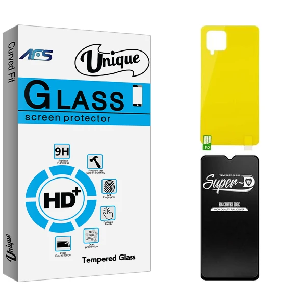 محافظ صفحه نمایش شیشه ای ای اف اس مدل Unique  Super-D مناسب برای گوشی موبایل سامسونگ GALAXY A42  به همراه محافظ پشت گوشی