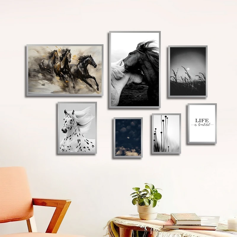 تابلو ساده بکلیت طرح طبیعت و اسب مدل شاین اکلیلی SI-2524 فریم نقره ای مجموعه 7 عددی