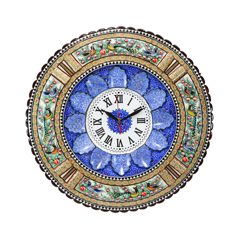 ساعت دیواری خاتم کاری مدل گرد طرح گل و مرغ برجسته کد Bl46d28-4f4