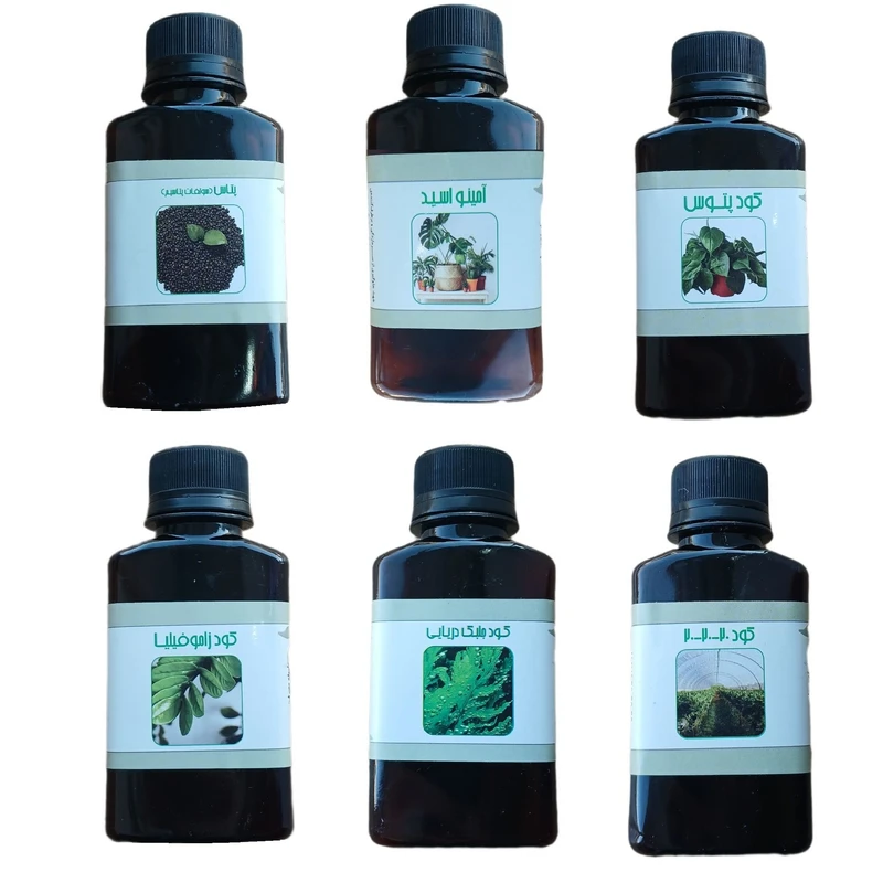 کود مایع پتاس و امینو اسید و پتوس و جلبک دریایی و زاموفیلیا و کود کامل سه بیست مدل life drop حجم 110 میلی لیتر بسته 6 عددی