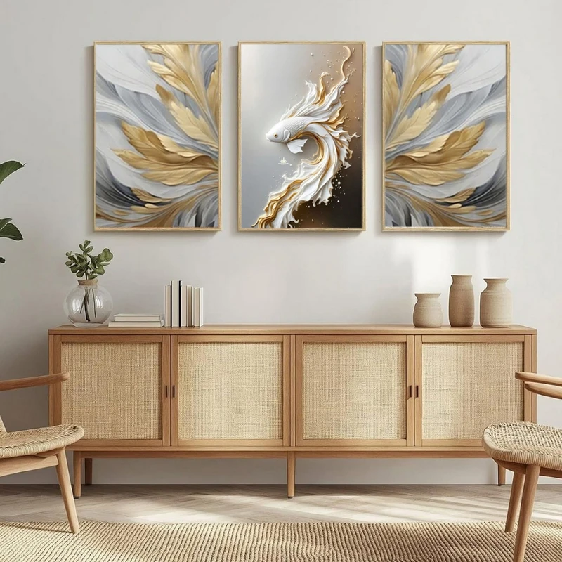 تابلو بکلیت طرح دکوراتیو طبیعت و ماهی BE-MR-1001  فریم بژ مجموعه 3 عددی