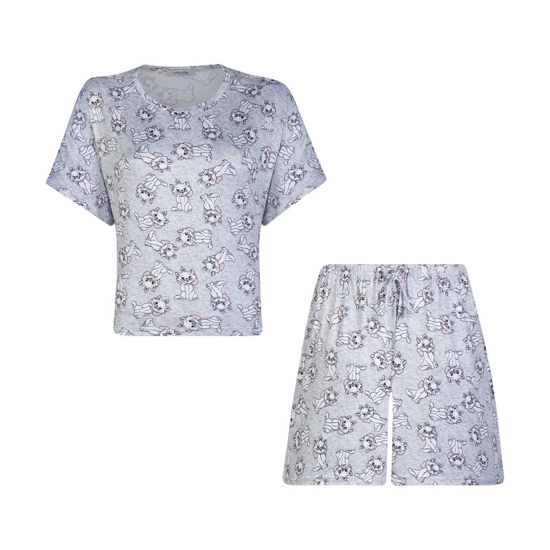 ست کراپ تی شرت و شلوارک زنانه افراتین مدل گربه کد 6584 رنگ طوسی