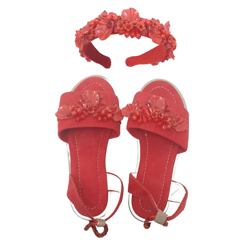 صندل دست دوز زنانه مدل جواهر دوزی یلدا به همراه تل مو رنگ قرمز