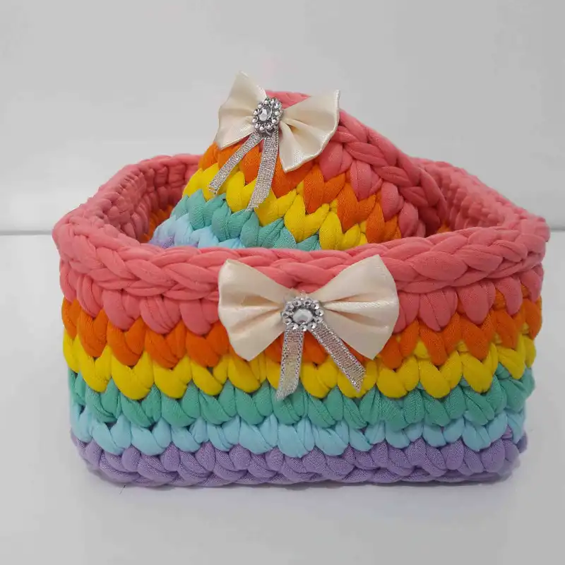 سبد قلاب بافی تریکو مدل رنگین کمانی کد 03 مجموعه 2 عددی