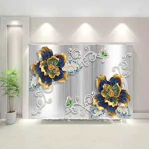 پوستر دیواری سه بعدی مدل گل آبی لبه طلایی DRVF1184