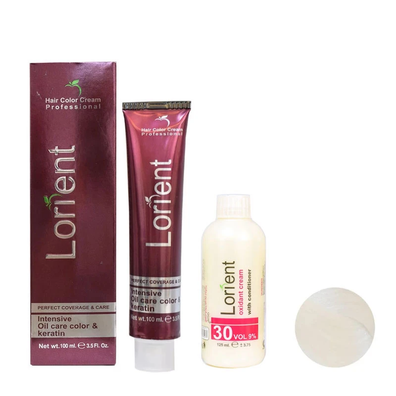 واریاسیون لورینت شماره E20 حجم 100 میلی لیتر رنگ سفید روشن کننده به همراه اکسیدان شماره 2 نه درصدی حجم 125 میلی لیتر